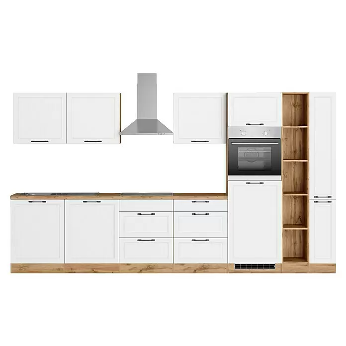 Held Möbel Küchenzeile Padua Typ 1 - Breite: 360 cm, Weiß, Induktionskochfeld, Mit Elektrogeräten - Moderne weiße Küche mit Holzdetails, Unterschränken, Hängeschränken, Ofen, Kochfeld, Spüle, Dunstabzugshaube.