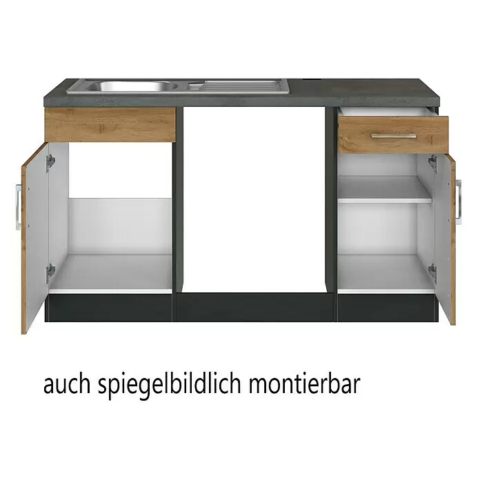 Held Möbel Winkelküche Barolo Typ 8 - B x T: 270 x 210 cm, Wotaneiche, Graphitgrau, Ohne Elektrogeräte - Küchenspülenunterschrank mit dunkelgrauer Betonoptik-Arbeitsplatte, Edelstahlspüle, Holzdekor-Schublade und Türen, offenem Mittelfach.