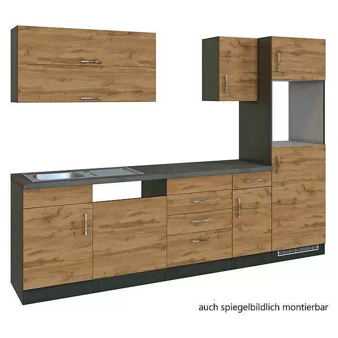 Held Möbel Küchenleerblock Barolo - Breite: 270 cm, Wotaneiche, Farbe Korpus: Graphitgrau, Ohne Elektrogeräte - Modulare Küchenzeile mit Holzdekorfronten und dunkelgrauen Elementen, inklusive Spüle, Schränken und Schubladen. Beidseitig montierbar.