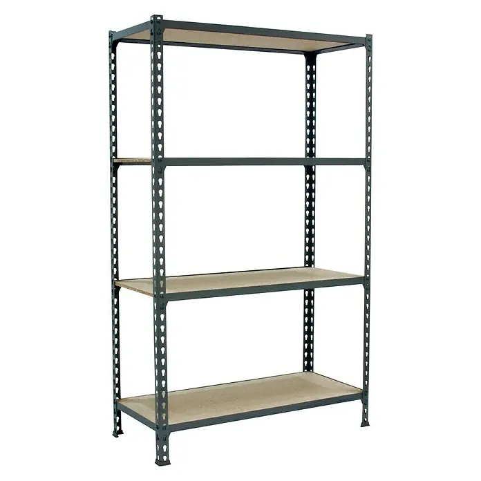 Simonrack Maderclick Metallregal Maderclick Mini - H x B x T: 150 x 80 x 50 cm, Traglast pro Boden: 150 kg, Anzahl Böden: 4 Stk., Stecken, Grau - Das Bild zeigt ein stabiles Regal mit vier Holzböden und einem robusten Metallrahmen, ideal für Lagerung.