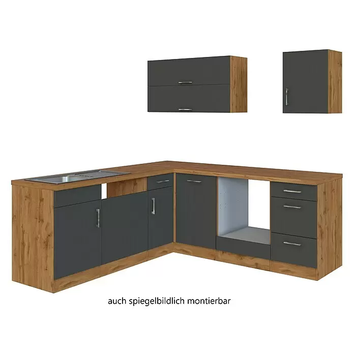 Held Möbel Küchenleerblock Barolo Typ 2 - 210 x 210 cm, Anthrazit, Farbe Korpus: Wotaneiche, Ohne Elektrogeräte - L-förmige Küchenzeile mit dunkelgrauen Fronten, Arbeitsplatte in Holzoptik und Spüle, dazu passende Oberschränke.