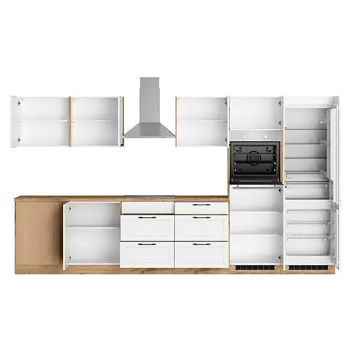Held Möbel Winkelküche Padua Typ 2 - B x T: 360 x 240 cm, Weiß, Mit Elektrogeräten, Cerankochfeld - Modulare Küche mit weißen Schränken, hellen Holzakzenten, Edelstahlhaube, Einbaubackofen und offenem Kühlschrank.