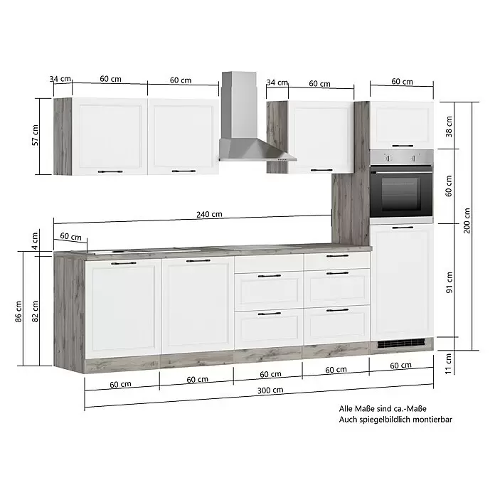 Held Möbel Küchenzeile Padua Typ 1 - Breite: 300 cm, Weiß, Induktionskochfeld, Mit Elektrogeräten - Modulare Einbauküche mit weißen Fronten, grauen Holz-Akzenten, Arbeitsplatte, Ofen und Dunstabzugshaube. Maße sind angegeben.