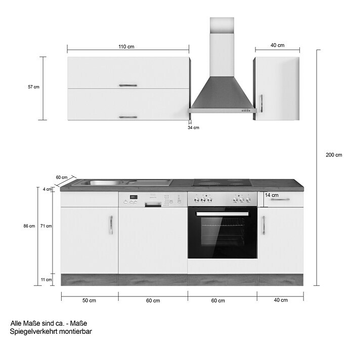 Held Möbel Küchenzeile Barolo Typ 2 (Breite: 210 cm, Anthrazit, Farbe Korpus: Wotaneiche, Mit Elektrogeräten) | BAUHAUS