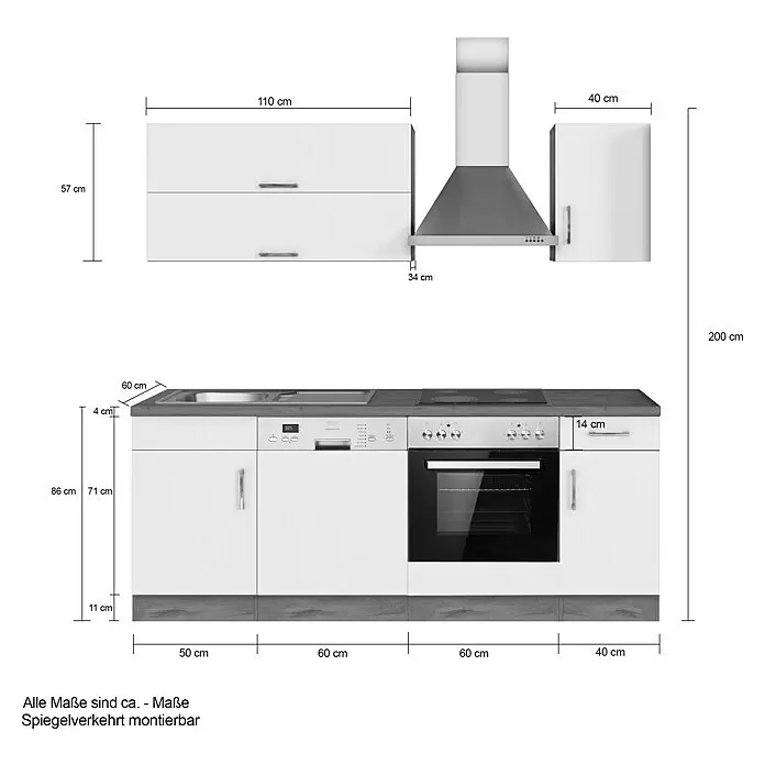 Held Möbel Küchenzeile Barolo Typ 2 - Breite: 210 cm, Anthrazit, Farbe Korpus: Wotaneiche, Mit Elektrogeräten - Einbauküche mit weißen Fronten, dunkler Arbeitsplatte und Sockel, inkl. Spüle, Geschirrspüler, Herd, Backofen und Dunstabzugshaube. Mit Maßen.