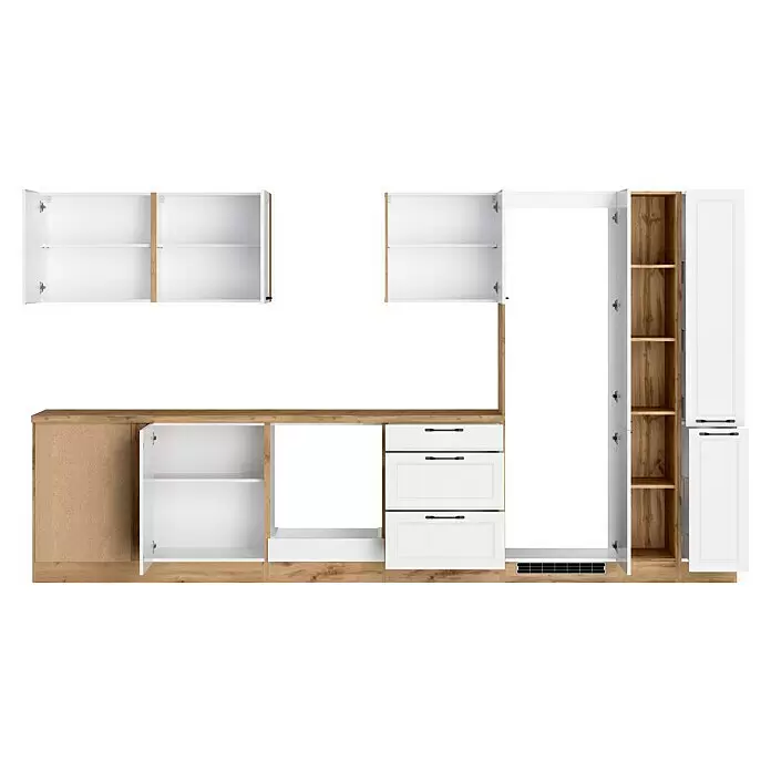 Held Möbel Küchenleerblock Padua Typ 2 - 240 x 360 cm, Weiß, Ohne Elektrogeräte - Modulares Küchenschrank-Set mit weißen Türen, Schubladen und hellen Holzrahmen, inklusive offener Regale.