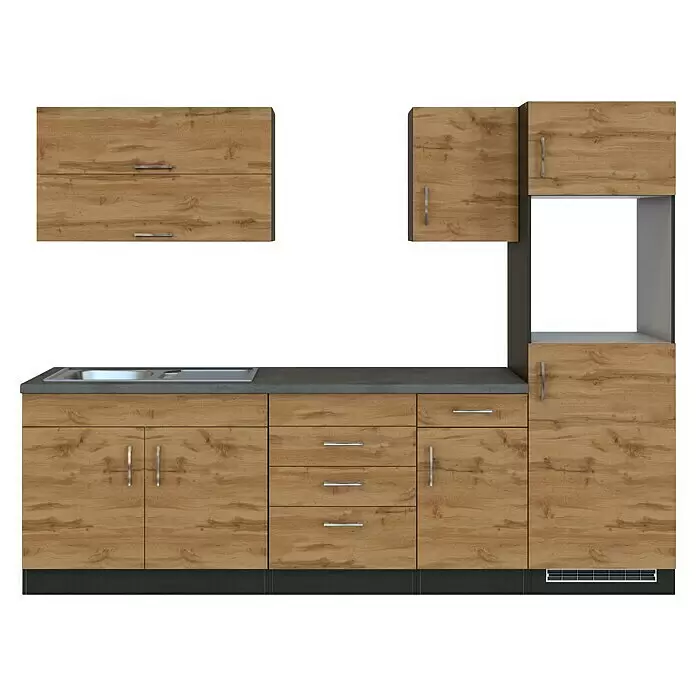 Held Möbel Küchenleerblock Barolo Typ 1 - Breite: 270 cm, Wotaneiche, Farbe Korpus: Graphitgrau, Ohne Elektrogeräte - Moderne Küchenzeile mit hellen Holzschränken, dunkler Arbeitsplatte und Spüle. Bietet Ober- und Unterschränke.