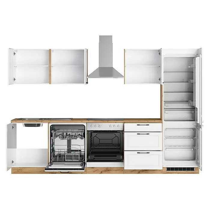Held Möbel Küchenzeile Padua Typ 3 - Breite: 300 cm, Weiß, Mit Elektrogeräten - Weiße Küche mit Holztheke und Edelstahlgeräten. Oberschränke, Geschirrspüler, Backofen und Kühlschrank sind geöffnet und zeigen das Innere.