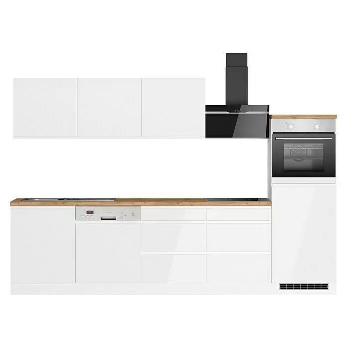Held Möbel Küchenzeile Treviso Typ 3 - Breite: 300 cm, Weiß, Dekor Arbeitsplatte: Holzoptik, Induktionskochfeld, Mit Elektrogeräten - Moderne weiße Küche mit Holzoptik-Arbeitsplatte, integrierter Spüle, Geschirrspüler, Induktionskochfeld, Backofen und dunkelgrauer Dunstabzugshaube.