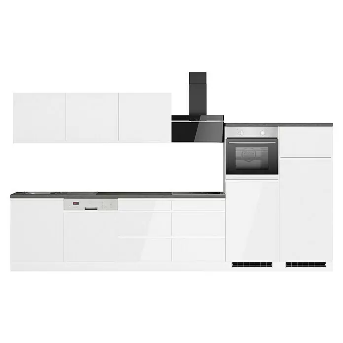 Held Möbel Küchenzeile Treviso Typ 2 - Breite: 360 cm, Weiß, Dekor Arbeitsplatte: Betonoptik, Induktionskochfeld, Mit Elektrogeräten - Moderne weiße Küchenzeile mit dunkler Arbeitsplatte, integriertem Ofen, Kochfeld, Geschirrspüler und Dunstabzugshaube.