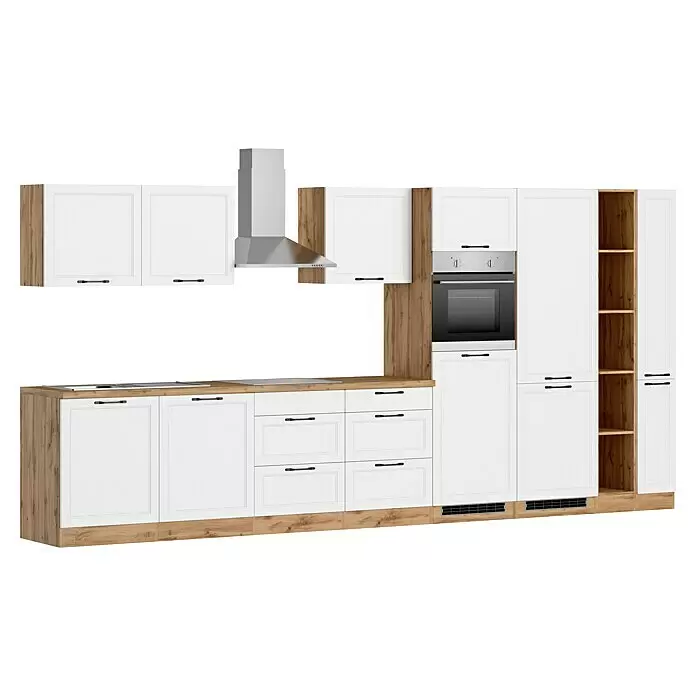 Held Möbel Küchenzeile Padua Typ 2 - Breite: 420 cm, Weiß, Mit Elektrogeräten, Cerankochfeld - Moderne Küchenzeile: weiße Schränke, helle Holzakzente, Edelstahl-Ofen und Dunstabzugshaube, offene Regale.