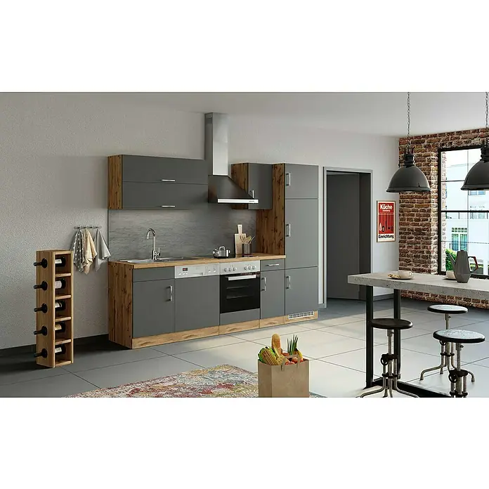 Held Möbel Küchenleerblock Barolo Typ 4 - Breite: 270 cm, Anthrazit, Farbe Korpus: Wotaneiche, Ohne Elektrogeräte - Moderne graue Küche mit Holzdetails, inklusive Weinflaschenregal und Esstisch mit Barhockern. Stilvolles Design für kulinarische Erlebnisse.