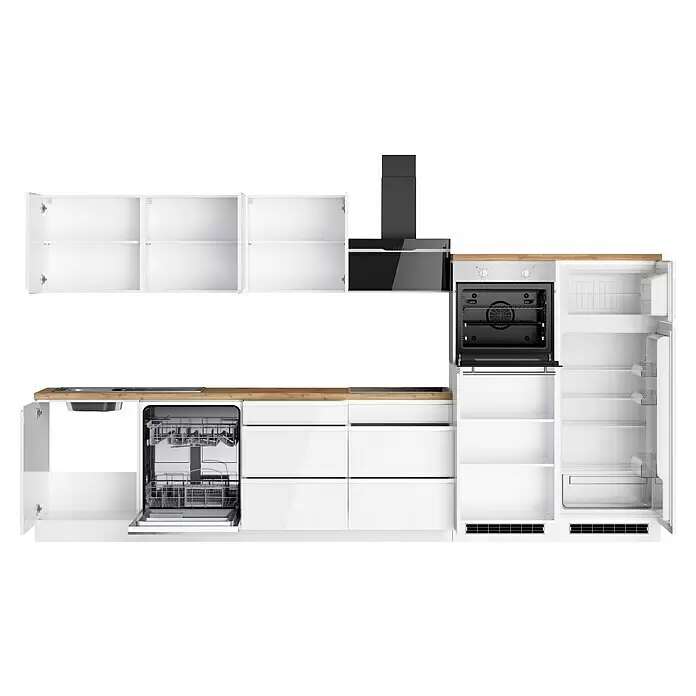 Held Möbel Küchenzeile Treviso Typ 2 - Breite: 360 cm, Weiß, Dekor Arbeitsplatte: Holzoptik, Cerankochfeld, Mit Elektrogeräten - Moderne weiße Küche mit Holztheke, offenen Oberschränken, Einbauofen, Dunstabzugshaube, Geschirrspüler und Kühlschrank.