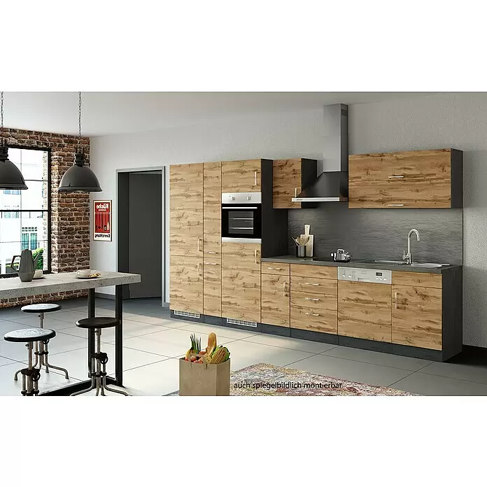 Held Möbel Küchenzeile Barolo Typ 8 - Breite: 360 cm, Wotaneiche, Farbe Korpus: Graphitgrau, Mit Elektrogeräten - Moderne Küche mit hellen Holzfronten, dunkler Arbeitsplatte, Backofen, Kochfeld, Spüle und Geschirrspüler.