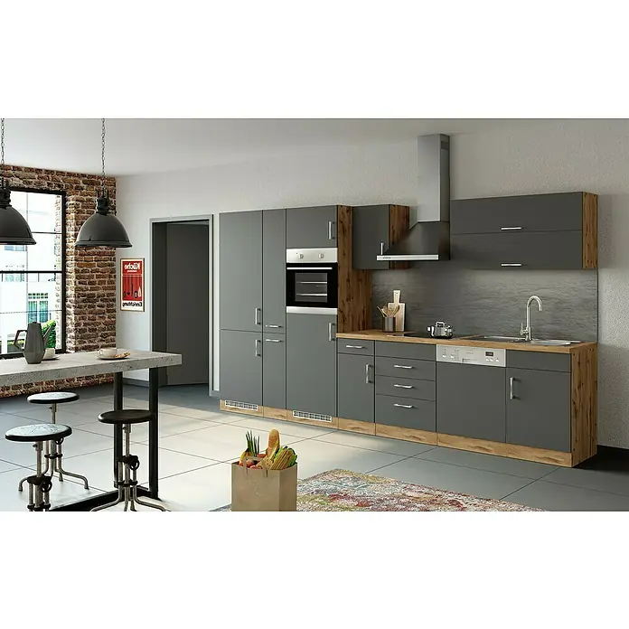 Held Möbel Küchenleerblock Barolo Typ 1 - Breite: 360 cm, Anthrazit, Ohne Elektrogeräte, Wotaneiche - Moderne graue Küche mit integrierten Geräten und Holzakzenten, die einen stilvollen und funktionalen Raum schafft.