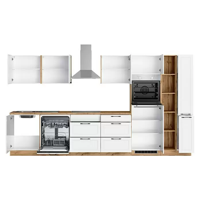 Held Möbel Küchenzeile Padua Typ 1 - Breite: 360 cm, Weiß, Cerankochfeld, Mit Elektrogeräten - Moderne Küche: weiße Schränke, helle Holz-Akzente, integrierter Edelstahl-Ofen, Geschirrspüler und Dunstabzugshaube. Einige Türen sind offen.