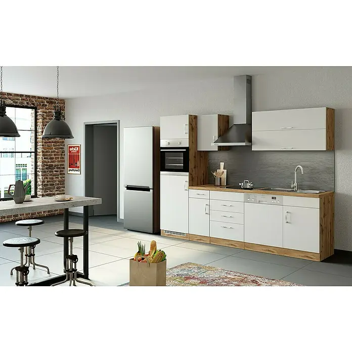 Held Möbel Küchenleerblock Barolo - Breite: 270 cm, Weiß, Farbe Korpus: Wotaneiche, Ohne Elektrogeräte - Helle Küche mit weißen Schränken, Holzelementen und modernen Geräten, die eine stilvolle und funktionale Raumatmosphäre schaffen.