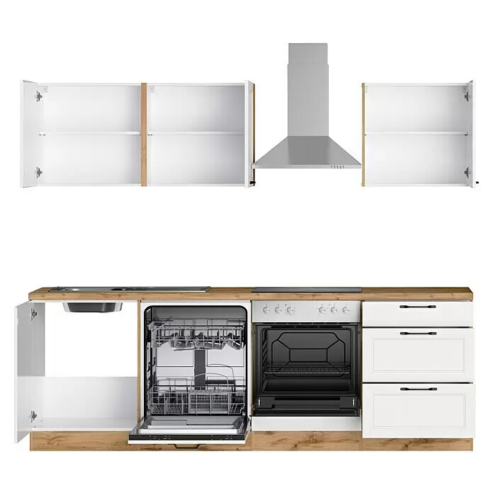 Held Möbel Küchenzeile Padua Typ 3 - Breite: 240 cm, Weiß, Mit Elektrogeräten - Moderne Küchenzeile mit weißen Schränken, Holzarbeitsplatte, Spüle, Geschirrspüler, Backofen, Kochfeld und Edelstahl-Dunstabzugshaube.
