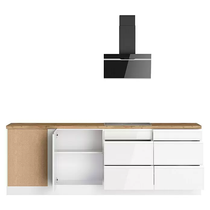 Held Möbel Winkelküche Treviso Typ 2 - B x T: 240 x 300 cm, Weiß, Dekor Arbeitsplatte: Holzoptik, Cerankochfeld, Mit Elektrogeräten - Moderne weiße Hochglanz-Küchenunterschränke mit Holzplatte und integriertem Kochfeld. Darüber eine elegante schwarze Dunstabzugshaube.