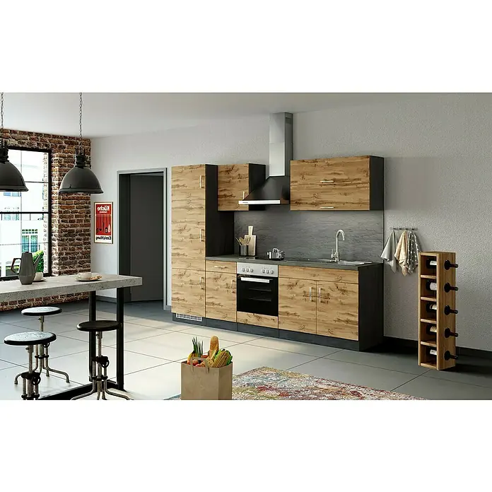 Held Möbel Küchenleerblock Barolo Typ 3 - Breite: 270 cm, Wotaneiche, Farbe Korpus: Graphitgrau, Ohne Elektrogeräte - Moderne Küche mit Holzfronten, ausgestattet mit Spüle, Herd, Dunstabzugshaube und Weinflaschenregal, für ein stilvolles Ambiente.