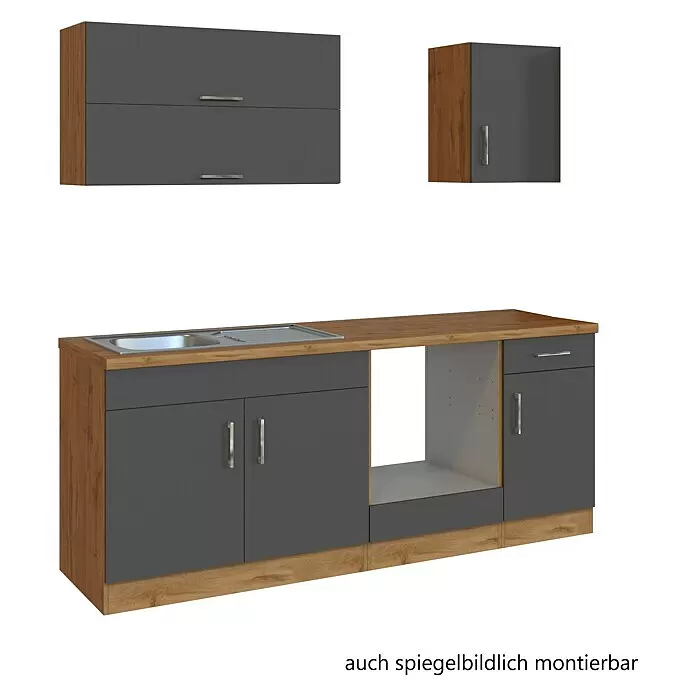 Held Möbel Küchenleerblock - Breite: 210 cm, Anthrazit, Farbe Korpus: Wotaneiche, Ohne Elektrogeräte - Kompakte Küchenzeile mit anthrazitfarbenen Fronten, Holzdekorrahmen und Spüle. Inklusive Unter- und Hängeschränken, auch spiegelbildlich montierbar.