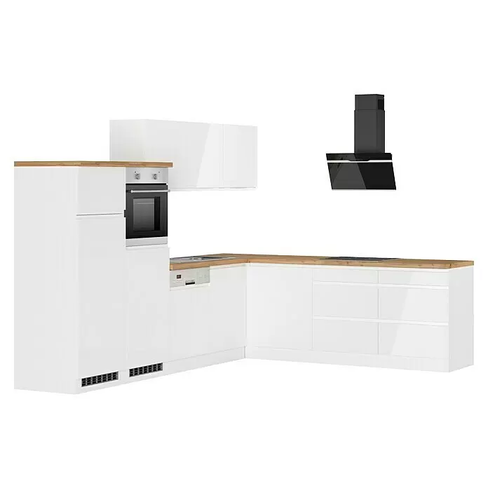 Held Möbel Winkelküche Treviso Typ 2 - B x T: 240 x 300 cm, Weiß, Dekor Arbeitsplatte: Holzoptik, Cerankochfeld, Mit Elektrogeräten - Moderne weiße Küchenzeile mit Holzplatte, Einbauofen, Geschirrspüler und schwarzer Dunstabzugshaube.