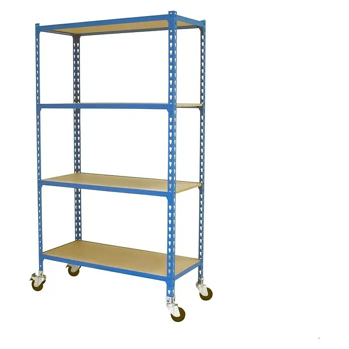 Simonrack Maderclick Estantería metálica Mobile Superplus - Al x An x Pr: 150 x 110 x 50 cm, Número de baldas: 4 ud., Inserción, Azul - Una estantería móvil azul con cuatro estantes y ruedas para facilitar la movilidad, perfecta para almacenamiento y organización.