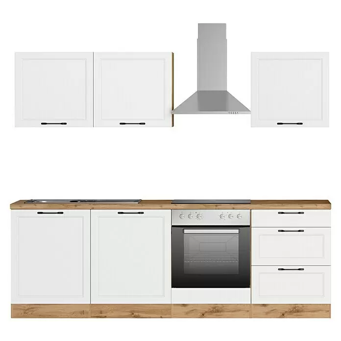 Held Möbel Küchenzeile Padua Typ 3 - Breite: 240 cm, Weiß, Mit Elektrogeräten - Weiße Küchenschränke mit Holzoptik-Sockel und Arbeitsplatte, integriertem Backofen, Kochfeld und Edelstahl-Dunstabzugshaube.