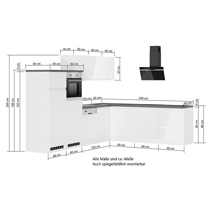 Held Möbel Winkelküche Treviso Typ 2 - B x T: 240 x 300 cm, Weiß, Dekor Arbeitsplatte: Betonoptik, Cerankochfeld, Mit Elektrogeräten - Weiße L-Küche mit Backofen, Geschirrspüler, Kochfeld, Dunstabzugshaube, detaillierte Maße.