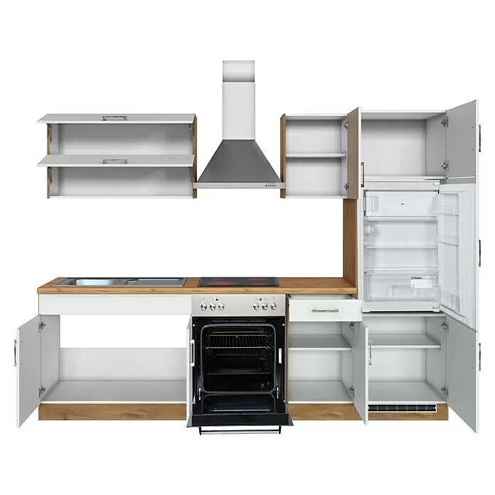Held Möbel Küchenleerblock Barolo Typ 5 - Breite: 270 cm, Weiß, Farbe Korpus: Wotaneiche, Ohne Elektrogeräte - Weiße Modulküche mit heller Holztheke, Spüle, Herd, Ofen, Dunstabzugshaube, offenem Kühlschrank und Schränken.