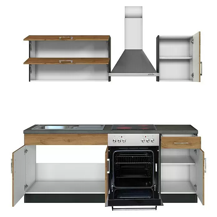 Held Möbel Küchenzeile Barolo Typ 1 - Breite: 210 cm, Wotaneiche, Farbe Korpus: Graphitgrau, Mit Elektrogeräten - Moderne Küchenzeile mit hellen Holzschränken, grauer Arbeitsplatte, integrierter Spüle, Backofen und Dunstabzugshaube.
