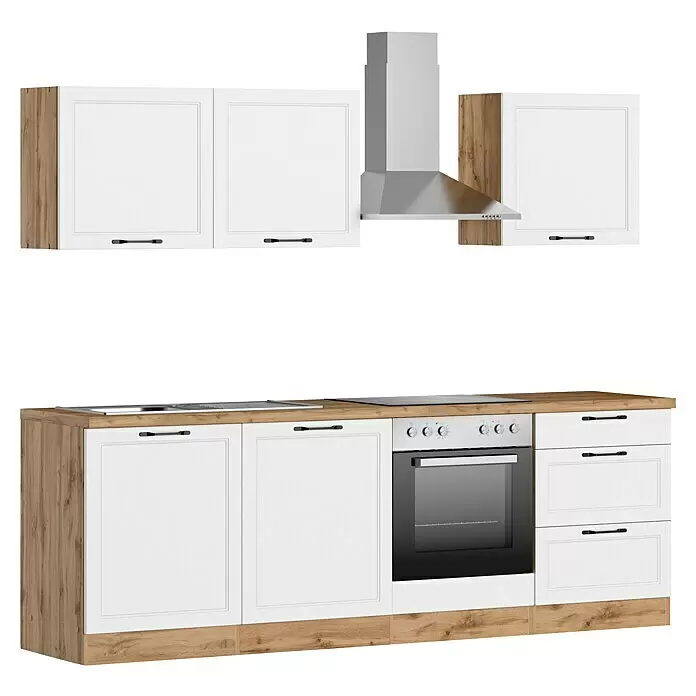 Held Möbel Küchenzeile Padua Typ 3 - Breite: 240 cm, Weiß, Mit Elektrogeräten - Moderne Küchenzeile mit weißen Fronten und hellen Holz-Akzenten, bestehend aus Ober- und Unterschränken, Ofen, Kochfeld, Spüle und Dunstabzugshaube.