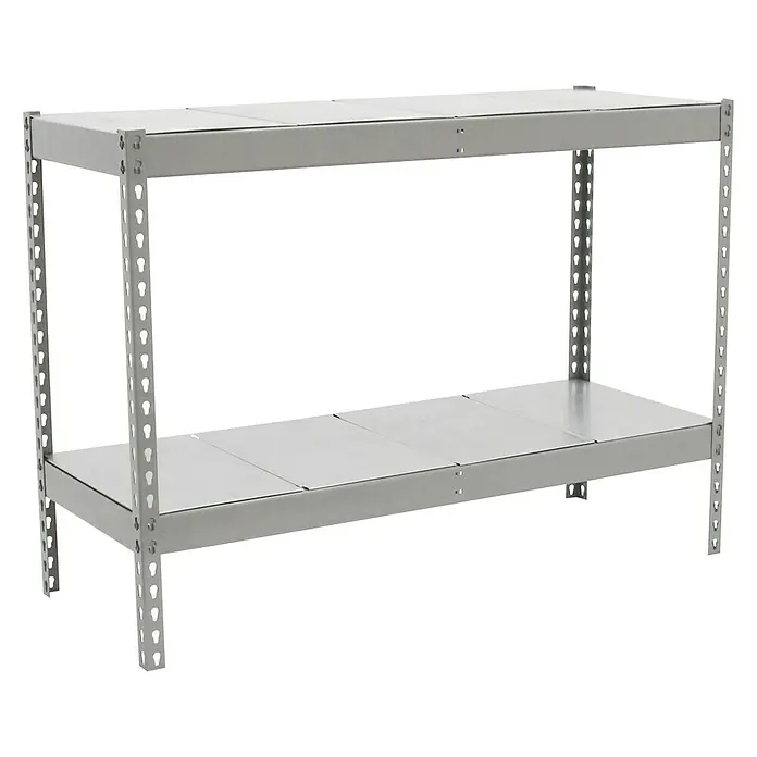 Simonrack Simonforte Estantería para cargas pesadas Metal - Al x An x Pr: 90 x 120 x 60 cm, Capacidad de carga por balda: 600 kg, Número de baldas: 2 ud., Inserción, Gris grafito - Una estantería de color plateado con dos niveles y columnas metálicas perforadas, ideal para almacenamiento y organización en un garaje.
