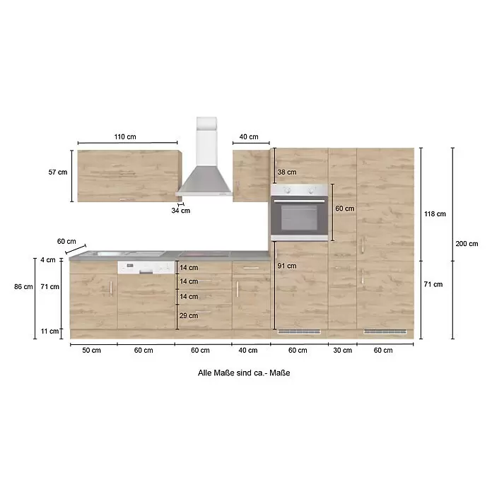Held Möbel Küchenleerblock Barolo Typ 1 - Breite: 360 cm, Weiß, Ohne Elektrogeräte, Wotaneiche - Eine modulare Küche mit hellen Holz-Effekt-Schränken, integriertem Backofen, Geschirrspüler, Kochfeld, Spüle und Dunstabzugshaube, mit detaillierten Maßen.