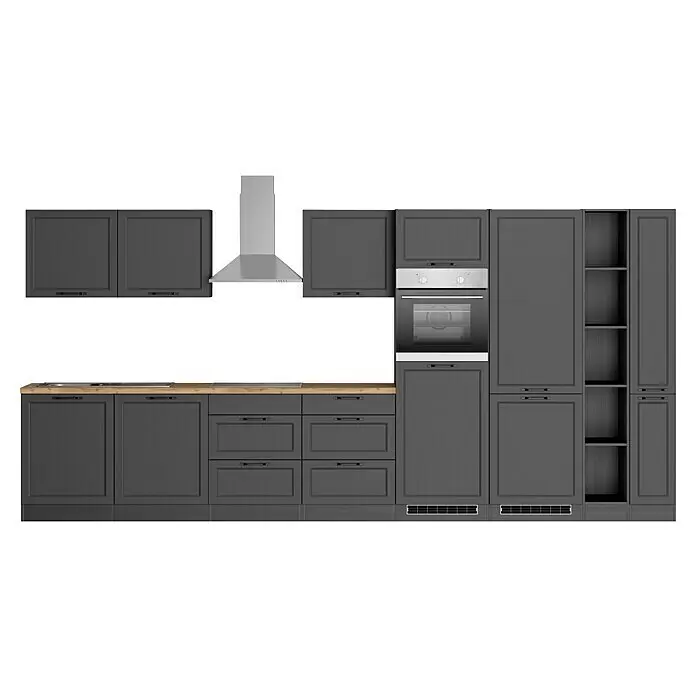 Held Möbel Küchenzeile Padua Typ 2 - Breite: 420 cm, Grau, Mit Elektrogeräten, Cerankochfeld - Moderne dunkelgraue Küchenzeile mit Holz-Arbeitsplatte, integriertem Backofen und Dunstabzugshaube.