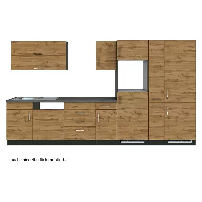 Held Möbel Küchenleerblock Barolo Typ 1 - Breite: 360 cm, Wotaneiche, Ohne Elektrogeräte, Graphitgrau - Modulare Küchenzeile in heller Holzoptik mit dunkelgrauer Arbeitsplatte, Spüle, Schränken, Schubladen & Gerätenische.