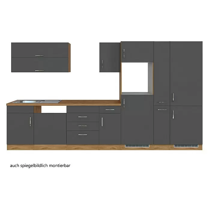 Held Möbel Küchenleerblock Barolo Typ 1 - Breite: 360 cm, Anthrazit, Ohne Elektrogeräte, Wotaneiche - Modulare dunkelgraue Küchenzeile mit Holzdetails, Spüle, Schubladen und Gerätenische. Auch spiegelbildlich montierbar.
