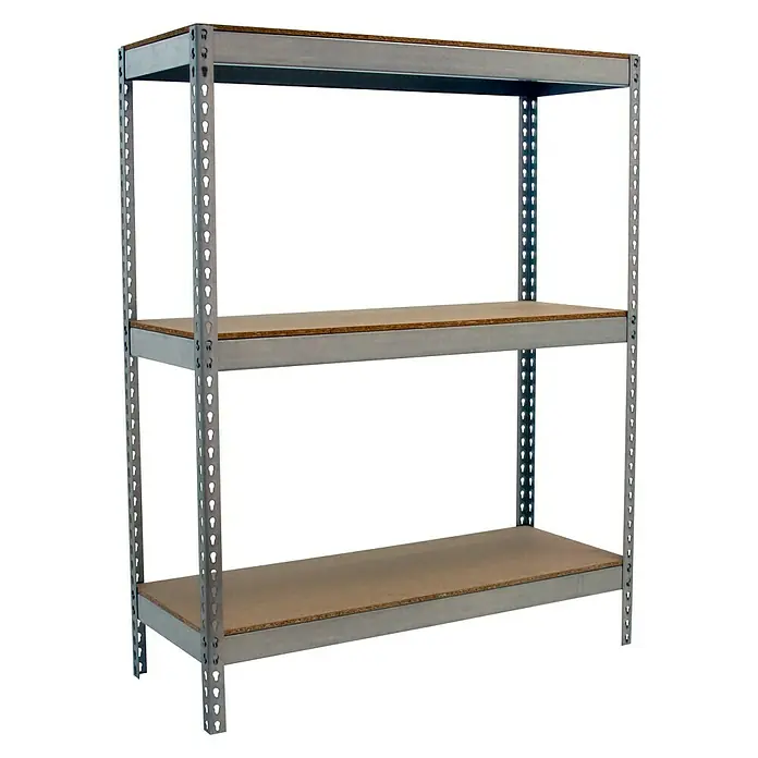 Simonrack Simontaller Estantería para cargas pesadas Chipboard - Al x An x Pr: 150 x 150 x 60 cm, Capacidad de carga por balda: 400 kg, Número de baldas: 3 ud., Inserción, Galvanizado - La imagen muestra una estantería de tres niveles con marco de metal gris y estantes de madera sobre un fondo blanco. Ideal para almacenamiento.