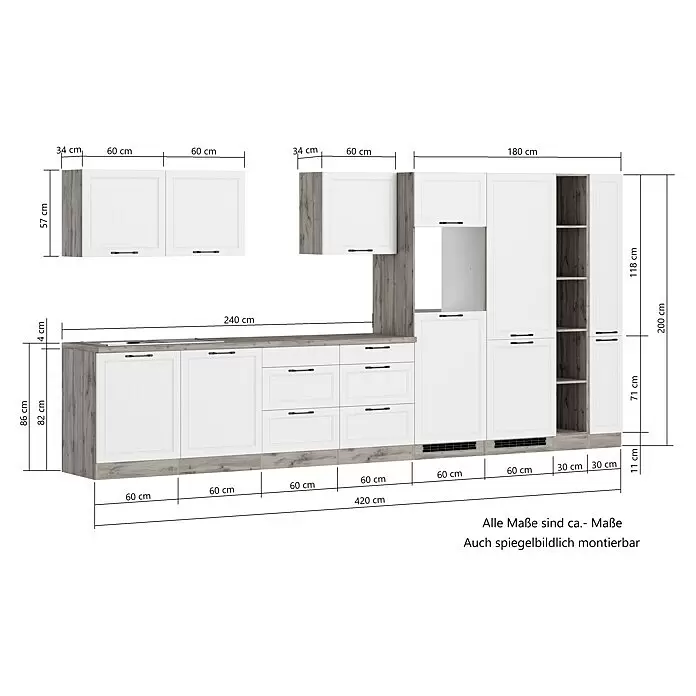 Held Möbel Küchenzeile Padua Typ 2 - Breite: 420 cm, Weiß, Mit Elektrogeräten, Cerankochfeld - Küchenmöbel-Set in Weiß mit grauen Holzoptik-Arbeitsplatten und Akzentpaneelen, mit detaillierten Maßen für die Anordnung.