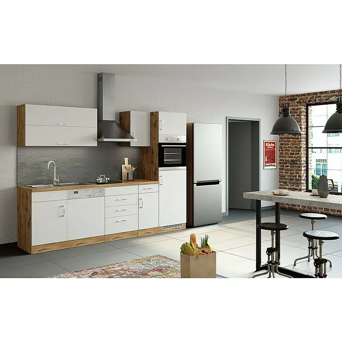 Held Möbel Küchenleerblock Barolo - Breite: 270 cm, Weiß, Farbe Korpus: Wotaneiche, Ohne Elektrogeräte - Moderne Küche mit weißen Schränken und Holzelementen, Edelstahlgeräten und einem Esstisch mit Barhockern.