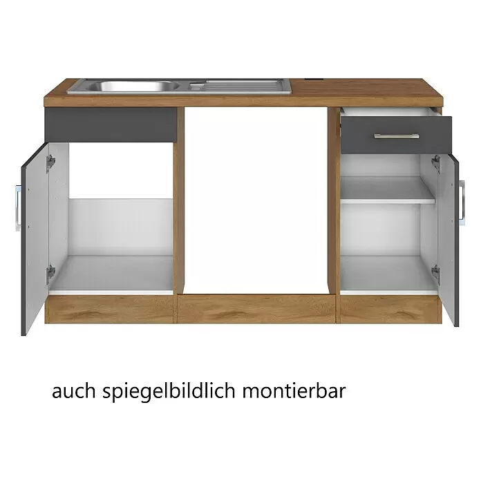Held Möbel Küchenleerblock Barolo Typ 2 - 210 x 210 cm, Anthrazit, Farbe Korpus: Wotaneiche, Ohne Elektrogeräte - Küchenunterschrank in Holzoptik und Grau mit integrierter Spüle, Schublade und offenen Fächern, spiegelbildlich montierbar.