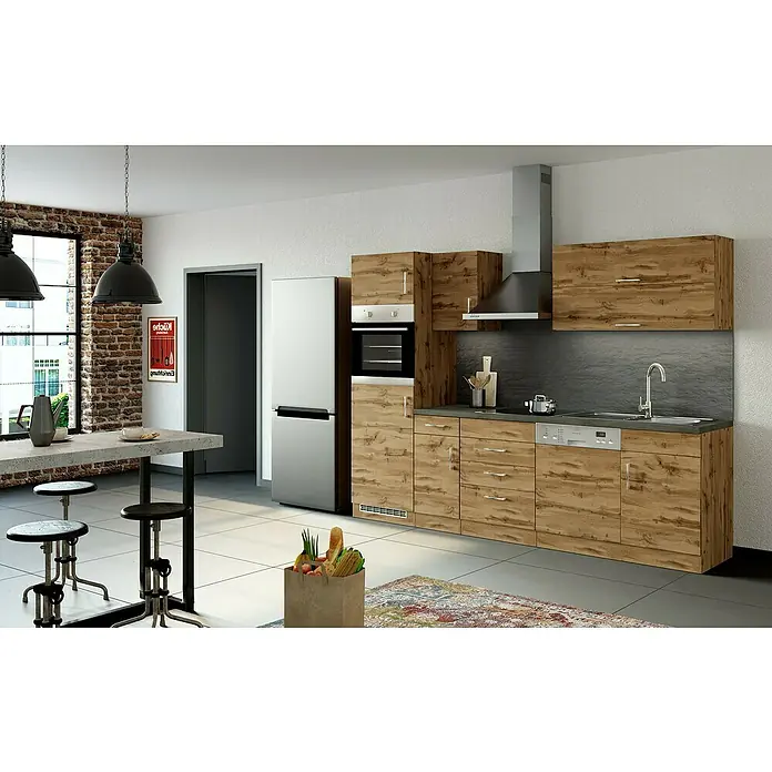 Held Möbel Küchenleerblock Barolo - Breite: 270 cm, Wotaneiche, Farbe Korpus: Wotaneiche, Ohne Elektrogeräte - Küchenansicht mit modernen Holzschränken, Edelstahlgeräten und Esstisch mit Barhockern unter Pendelleuchten.