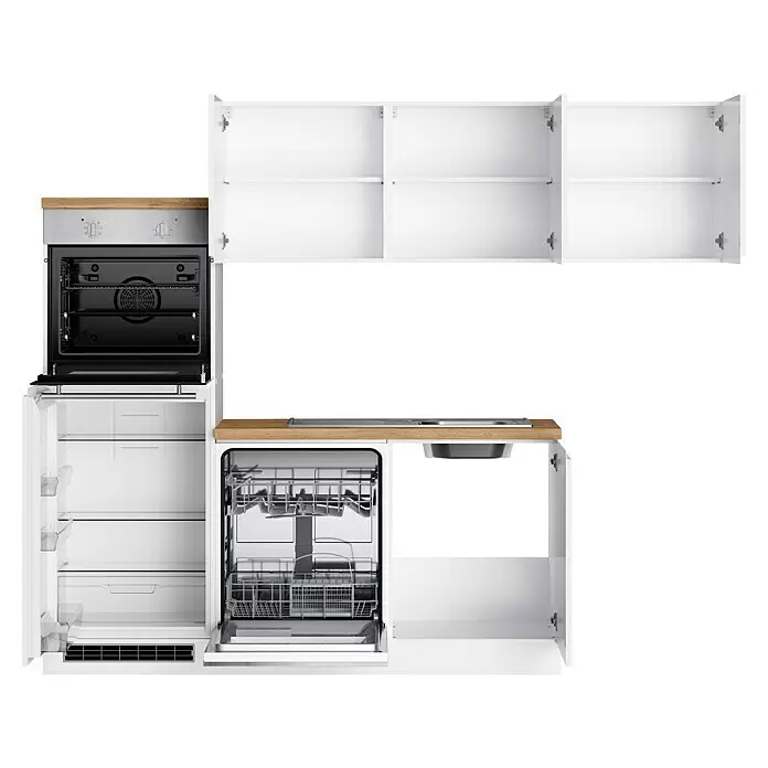 Held Möbel Winkelküche Treviso Typ 3 - B x T: 240 x 240 cm, Weiß, Dekor Arbeitsplatte: Holzoptik, Cerankochfeld, Mit Elektrogeräten - Modulare weiße Küchenzeile mit offenem Einbau-Edelstahlofen, Kühlschrank und Geschirrspüler sowie einer Arbeitsplatte mit Spüle.