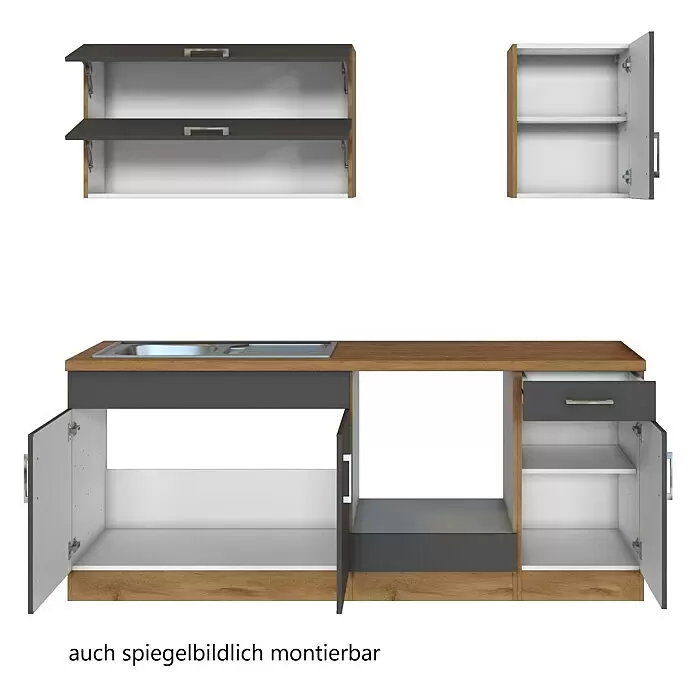 Held Möbel Küchenleerblock - Breite: 210 cm, Anthrazit, Farbe Korpus: Wotaneiche, Ohne Elektrogeräte - Moderne Küchenzeile in Dunkelgrau und Eiche-Optik mit Spüle, Schublade und offenen Schränken. Inklusive Hängeschränken, spiegelbildlich montierbar.