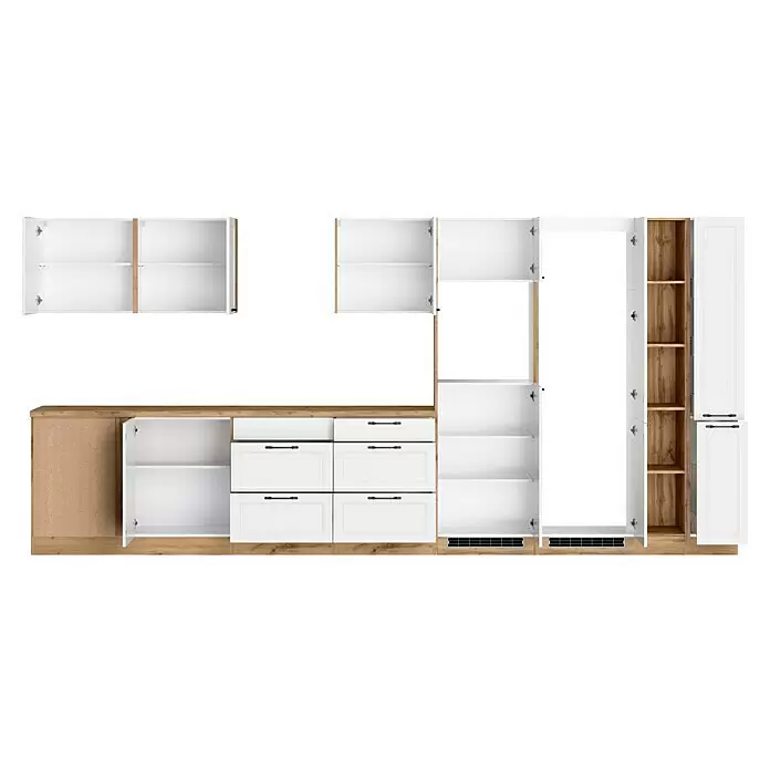Held Möbel Küchenleerblock Padua Typ 4 - Breite: 420 cm, Weiß, Ohne Elektrogeräte - Weiß-holzfarbene Küchenschrankkombination mit offenen Türen und Schubladen, bestehend aus Ober- und Unterschränken sowie Hochschränken.