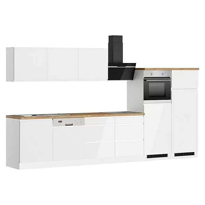 Held Möbel Küchenzeile Treviso Typ 2 - Breite: 360 cm, Weiß, Dekor Arbeitsplatte: Holzoptik, Cerankochfeld, Mit Elektrogeräten - Moderne weiße Küche mit Holztheke, integriertem Backofen, Geschirrspüler, Induktionskochfeld und schwarzer Dunstabzugshaube.