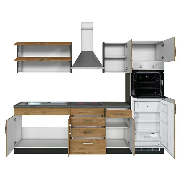 Held Möbel Küchenzeile Barolo Typ 7 - Breite: 270 cm, Farbe Front: Wotaneiche, Graphitgrau, Mit Elektrogeräten - Modulare Küchenzeile mit hellen Holzfronten, grauer Arbeitsplatte, Spüle, Kochfeld, Backofen, Kühlschrank und offenen Schränken/Schubladen.