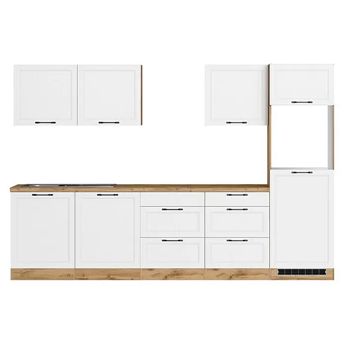 Held Möbel Küchenleerblock Padua - Breite: 300 cm, Weiß, Ohne Elektrogeräte - Moderne L-förmige Küchenzeile mit weißen Türen, Holzplatte und schwarzen Griffen.