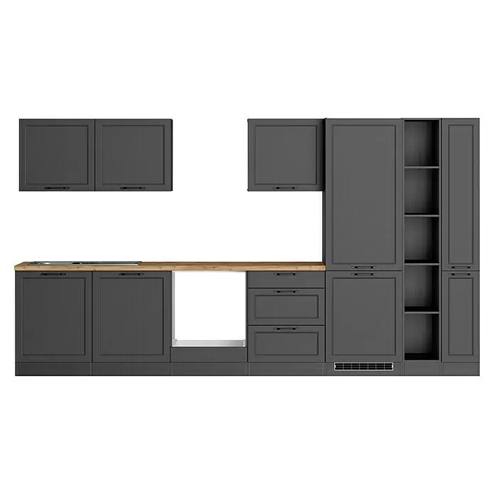 Held Möbel Küchenleerblock Padua - Breite: 360 cm, Grau, Ohne Elektrogeräte, Für Einbaukühlschrank - Moderne dunkelgraue Küchenzeile mit Holzplatte, offenen Regalen und Platz für Geräte.