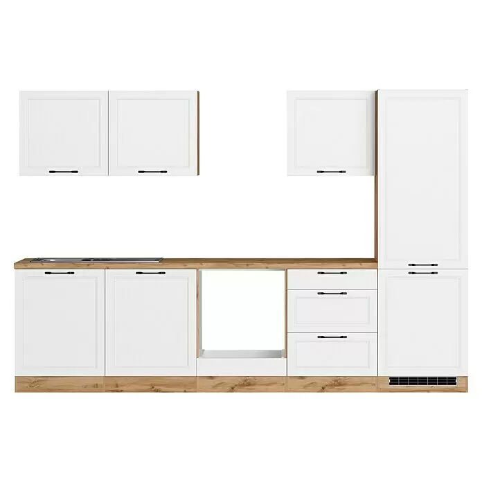 Held Möbel Küchenleerblock Padua - Breite: 300 cm, Weiß, Ohne Elektrogeräte, Für Einbaukühlschrank - Weiße modulare Küchenzeile mit Arbeitsplatten und Sockel in heller Holzoptik, schwarzen Griffen und Platz für Einbaugeräte.